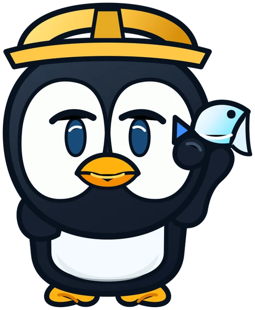 A penguin chick in a hard hat proudly holding one fish