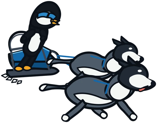 A penguin riding a sled pulled by rescue huskies