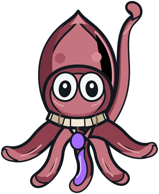 A pink colossal squid wearing a golden crest