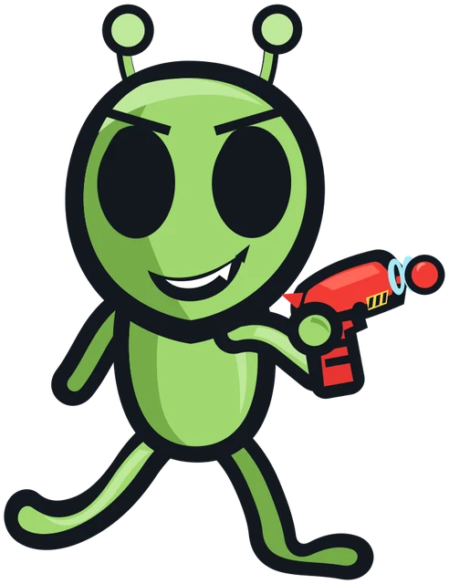 A little green alien holding a toy ray gun