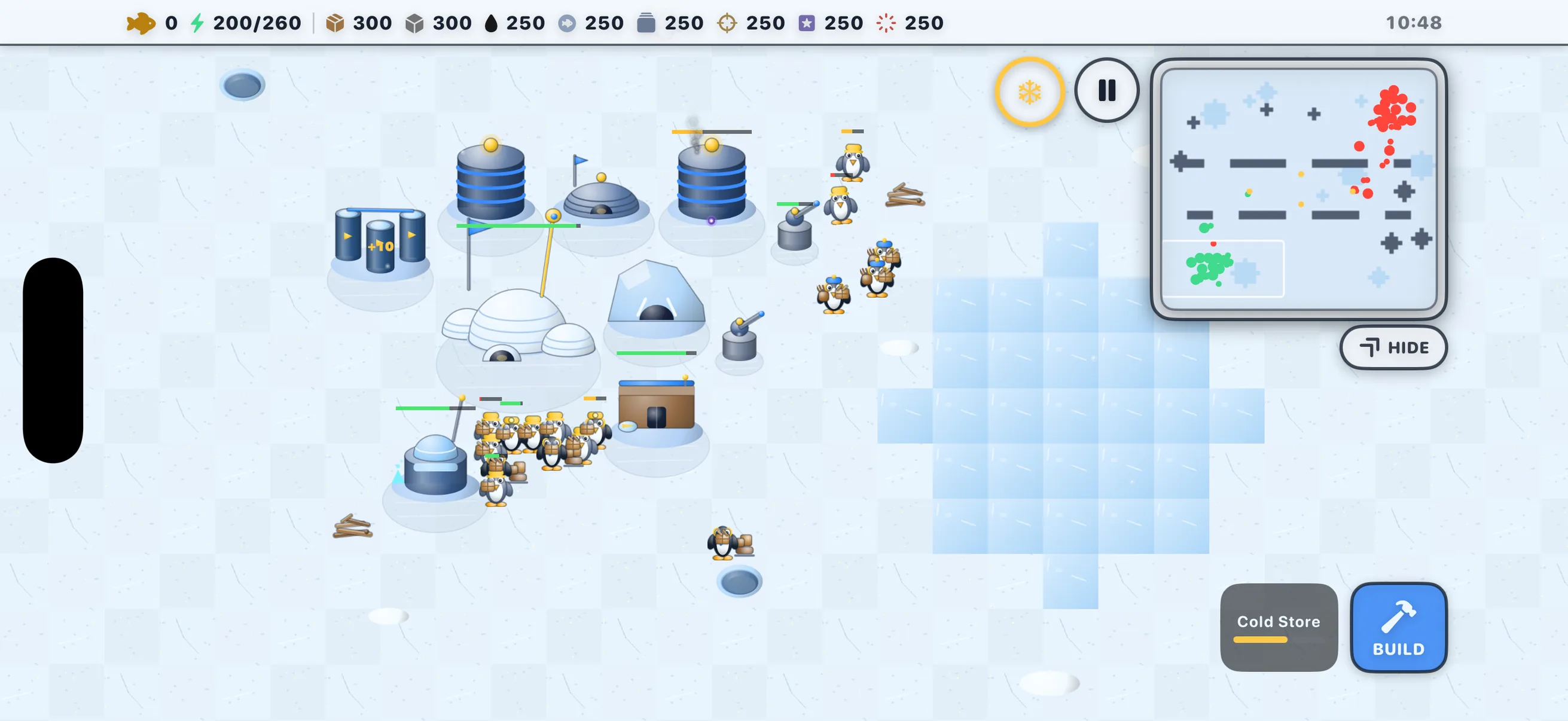 An Emperor Dominion colony on the ice: the command iglu ringed by thermo cores, fuel drums, a cold store and railgun turrets, with work crews hauling fish and Ice Troopers moving out toward the perimeter.