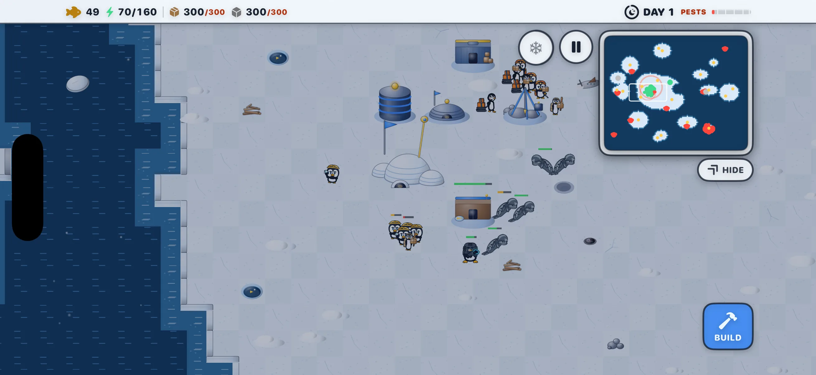 POLAR NIGHT dusk falling over a survival colony: fur seals raid out of the water while workers scatter and the day dial runs out.