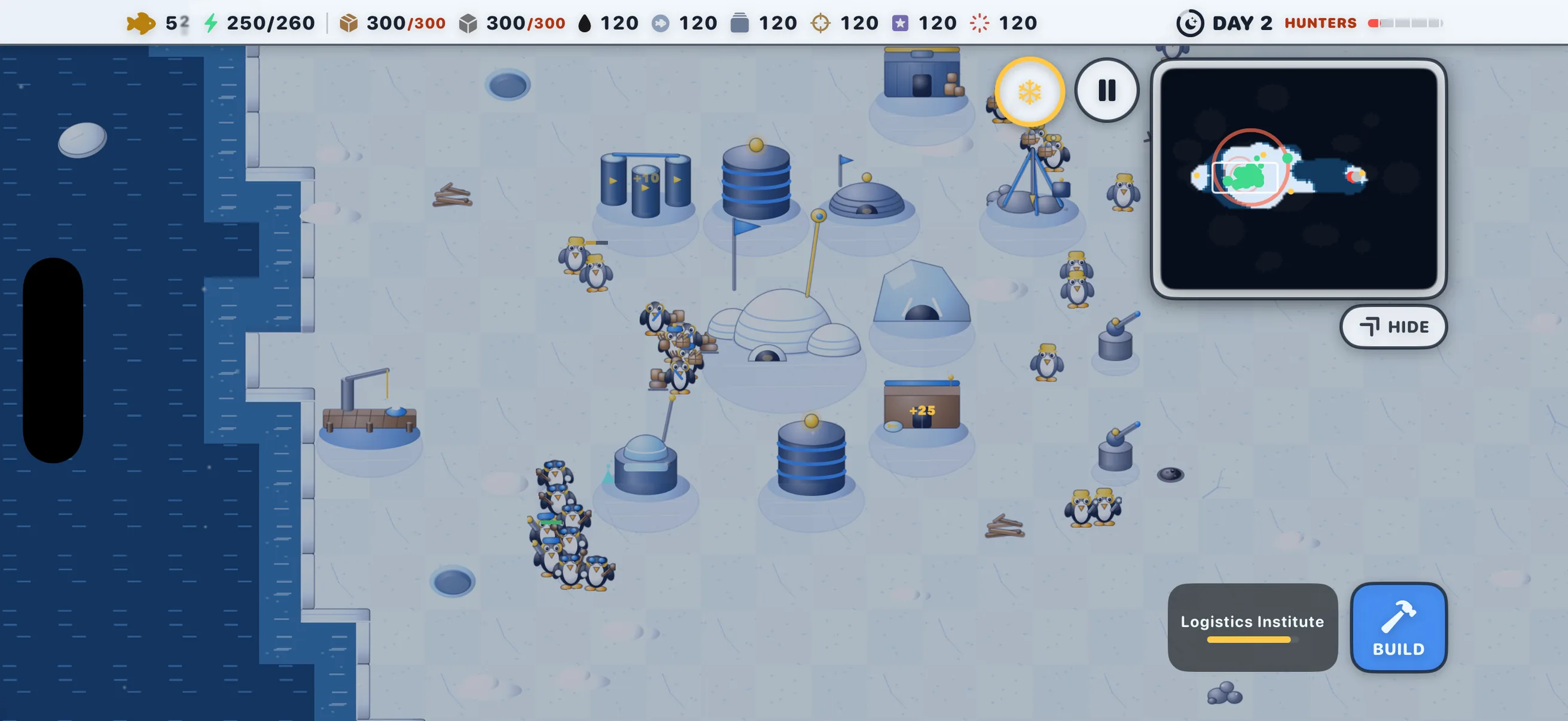 A POLAR NIGHT survival run on day 2 at the HUNTERS tier: the coast dimmed to dusk blue, penguin squads massed around the command iglu, thermo cores and fuel drums lit against the black water.
